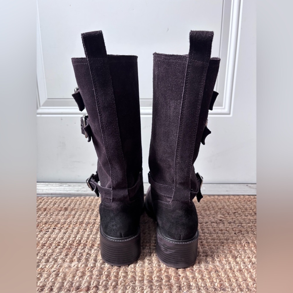 Zara Brown Combat Moto Suede Split Leather Buckled Calf High Ankle Boots - Picture 6 of 17